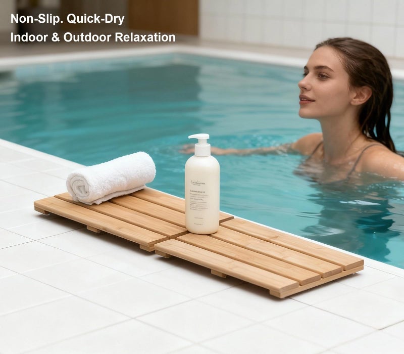 PELYN Bamboo Shower Bath Mat for Bathroom, Non-Slip Bamboo Wood Bathroom Mats for Inside or Outside (19.7 x 12.2 inches) - Image 3